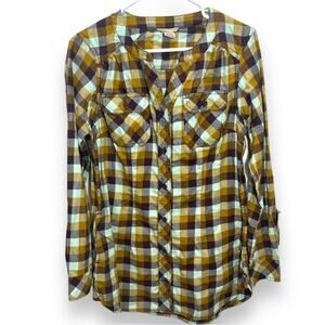 Duluth Trading Co. Plaid Collarless Button-Up Flannel Top